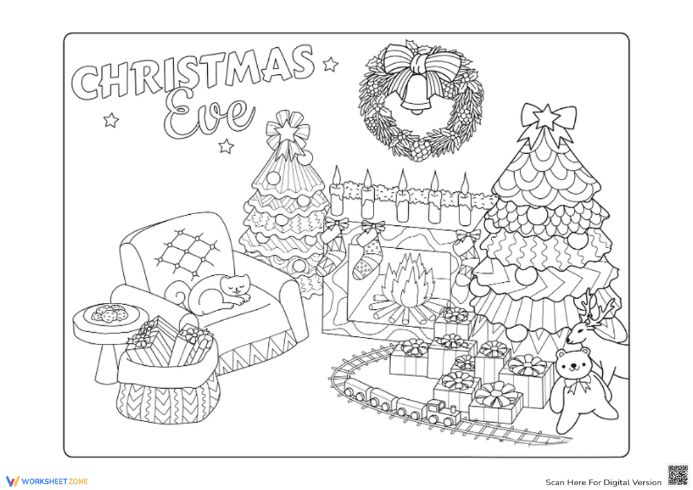 Cozy Christmas Eve Coloring Page for Adults & Older Kids - Page 1