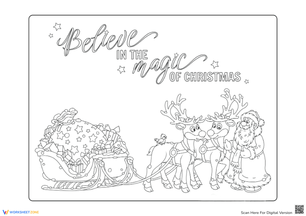 Reindeer Coloring Sheet with Santa's Sleigh - Page 1