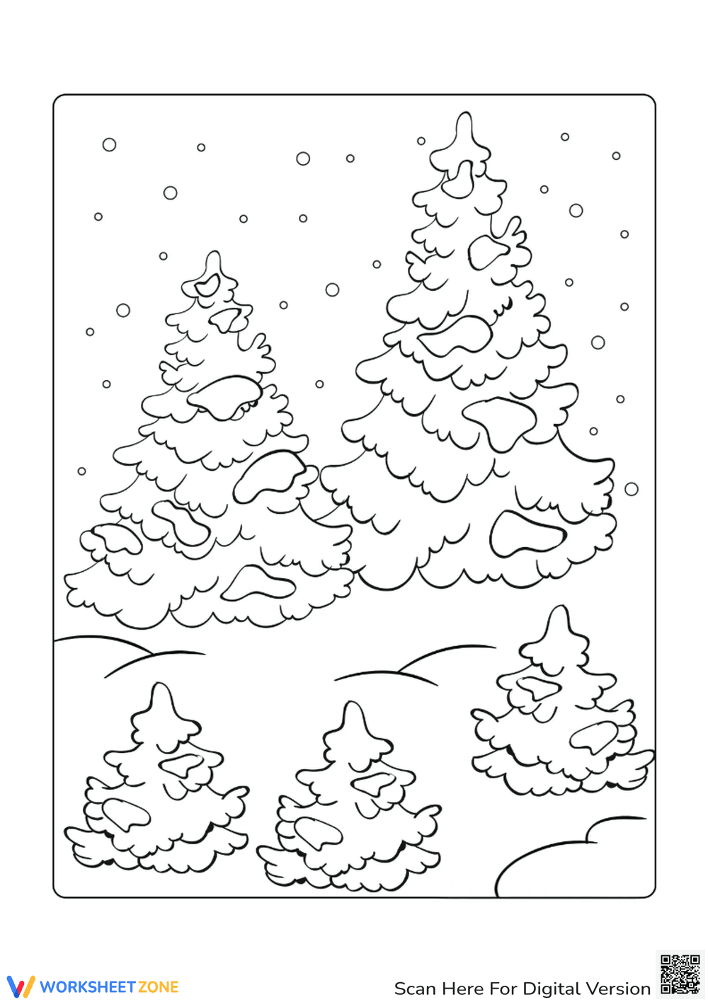 Snowy Christmas Tree Coloring Page - Winter Holiday Fun - Page 1