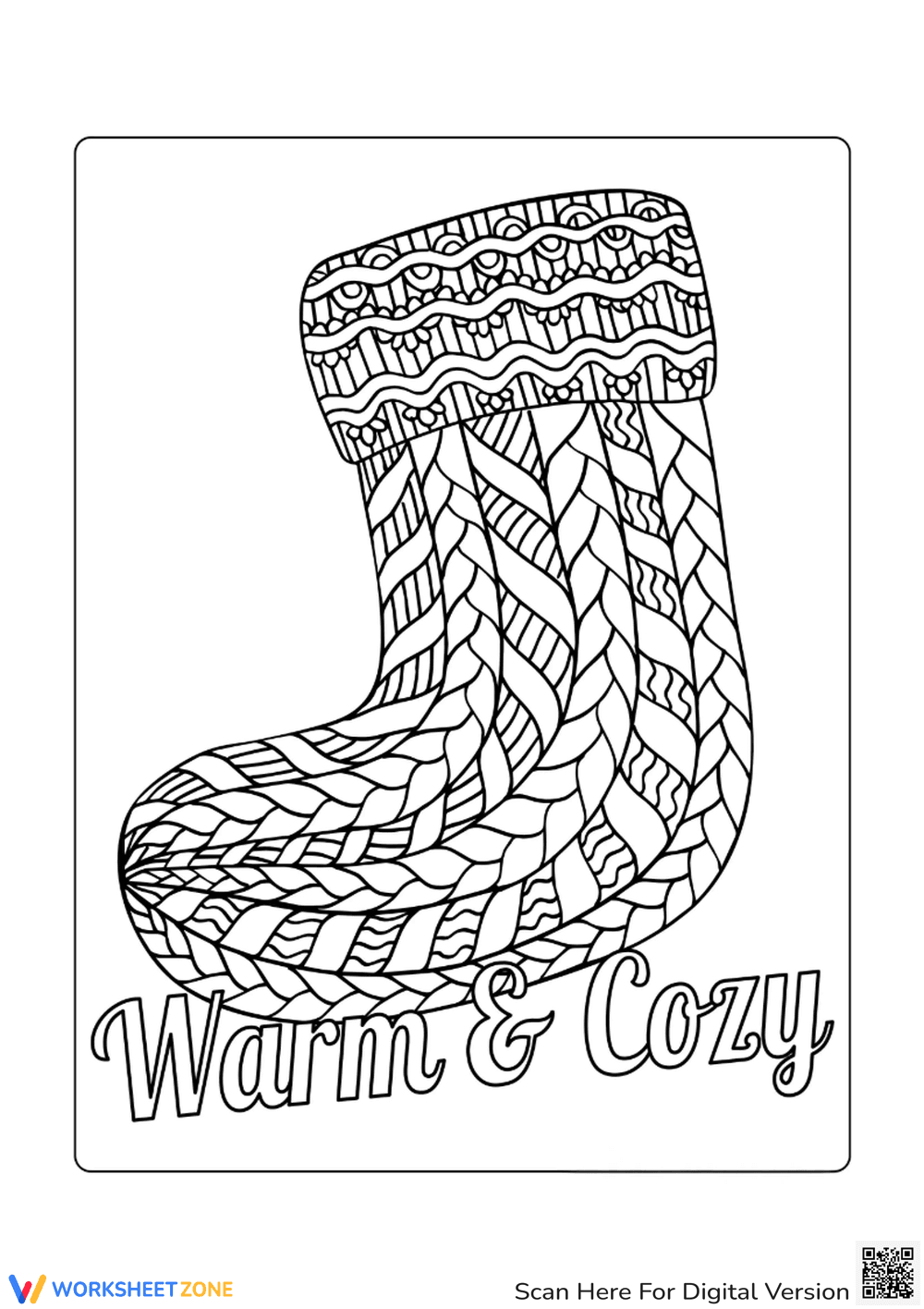 Printable "Warm & Cozy" Stocking Coloring Page | Grade 11-12 - Page 1