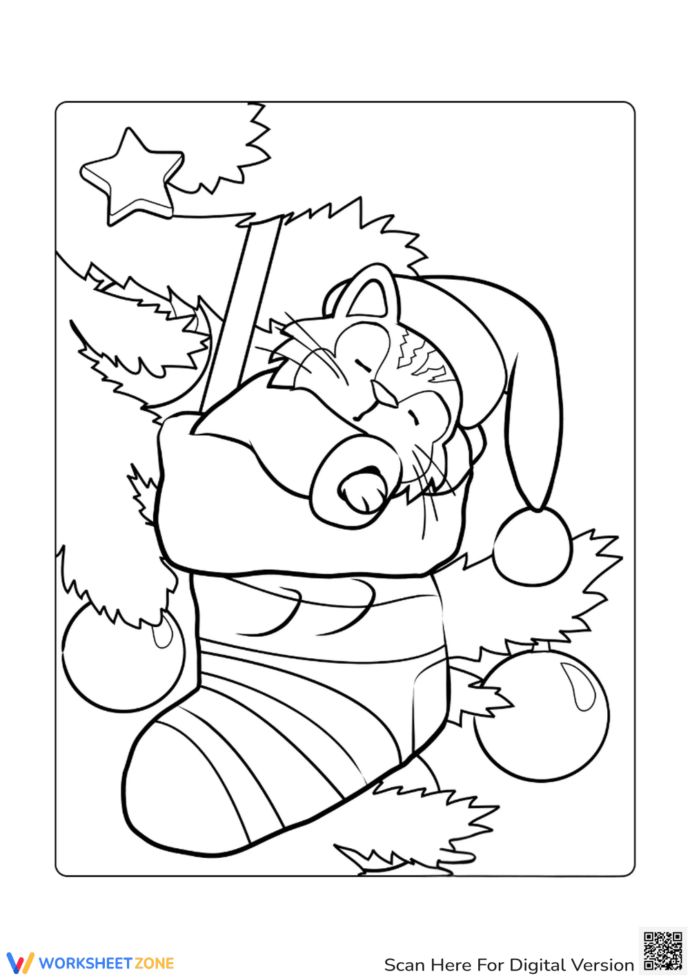 Cat in Stocking Coloring Page | Printable Grade 3-4 - Page 1