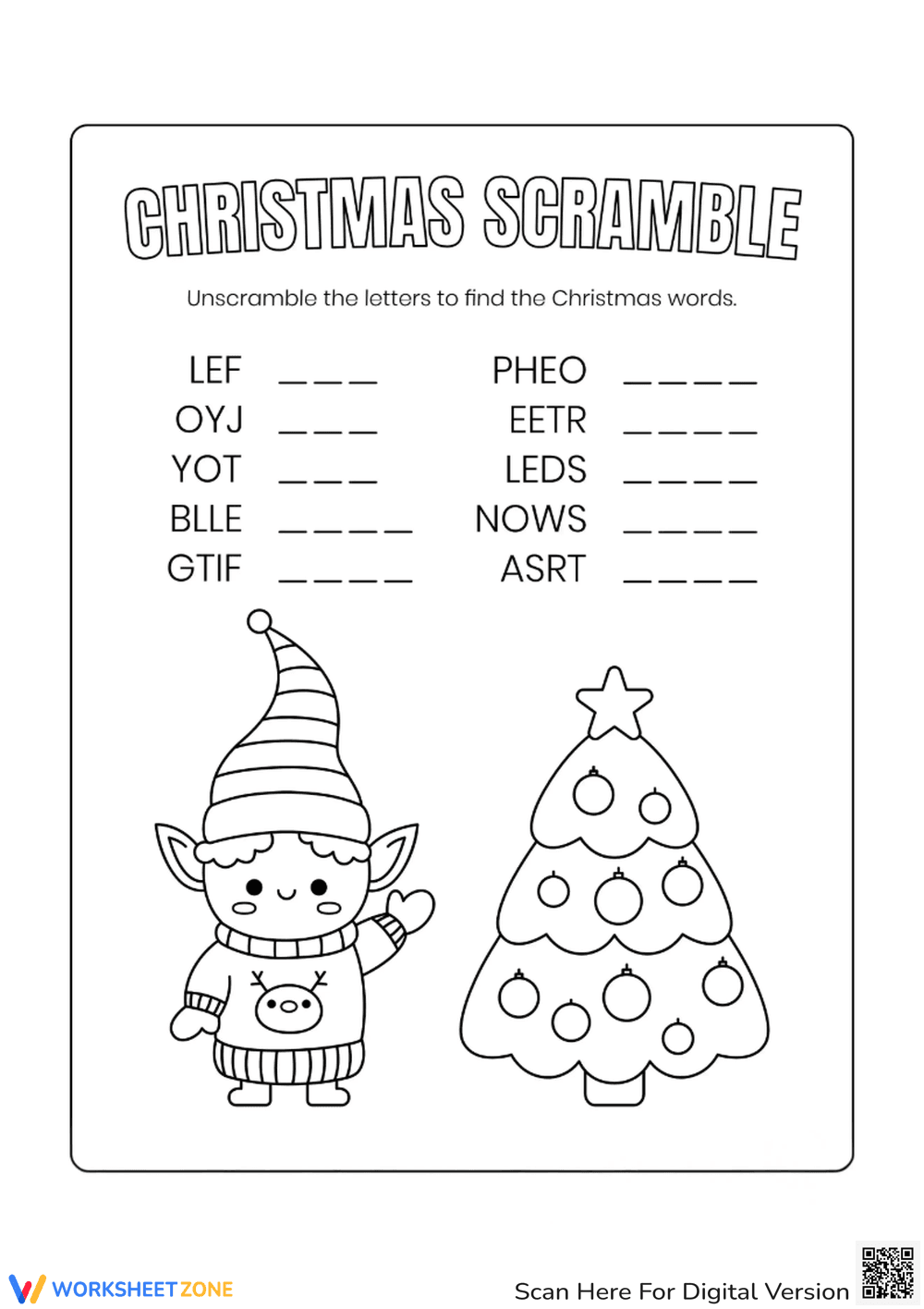 Elf Coloring & Christmas Word Scramble - Page 1