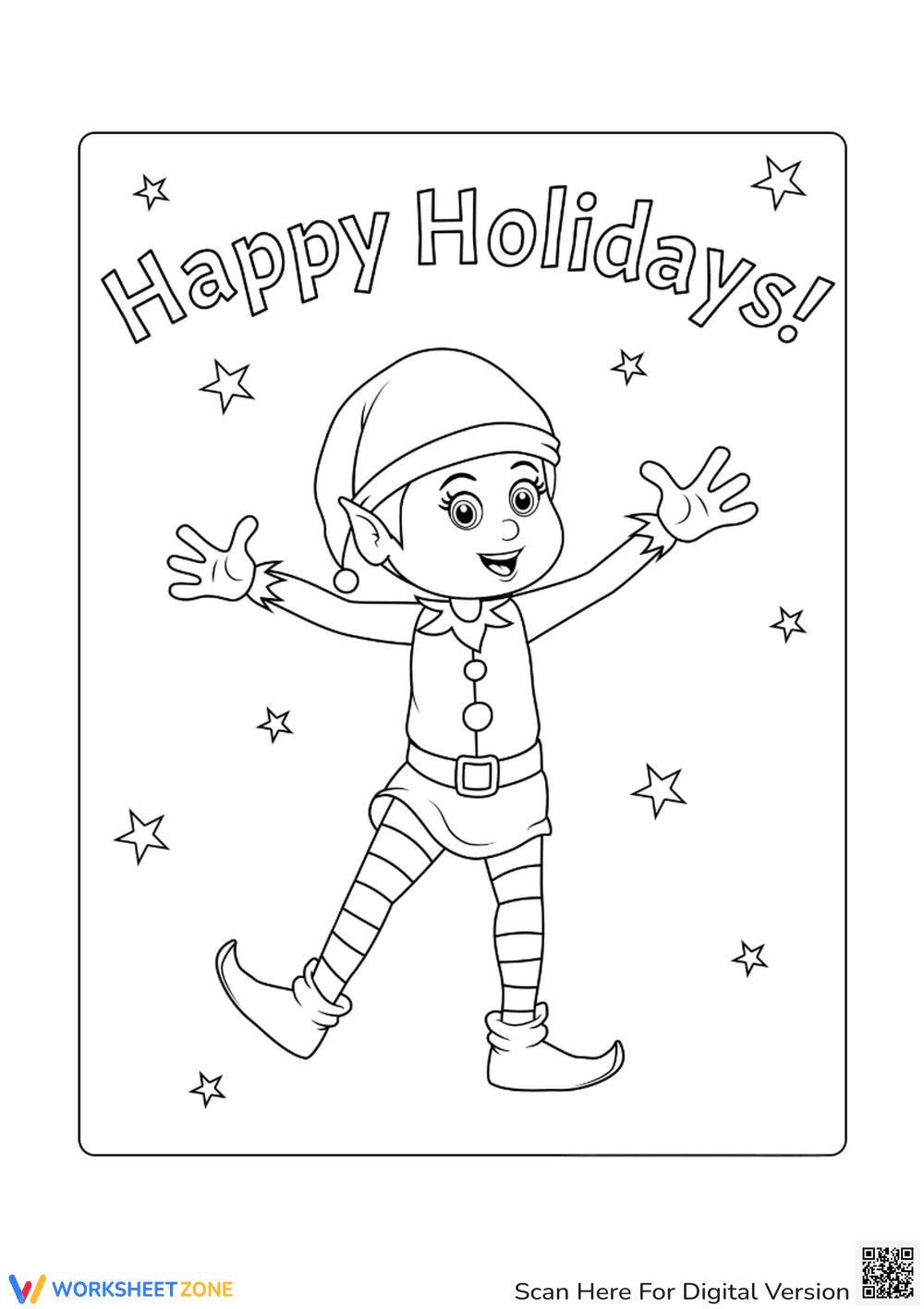 Happy Holidays With Elf Coloring Page - Page 1