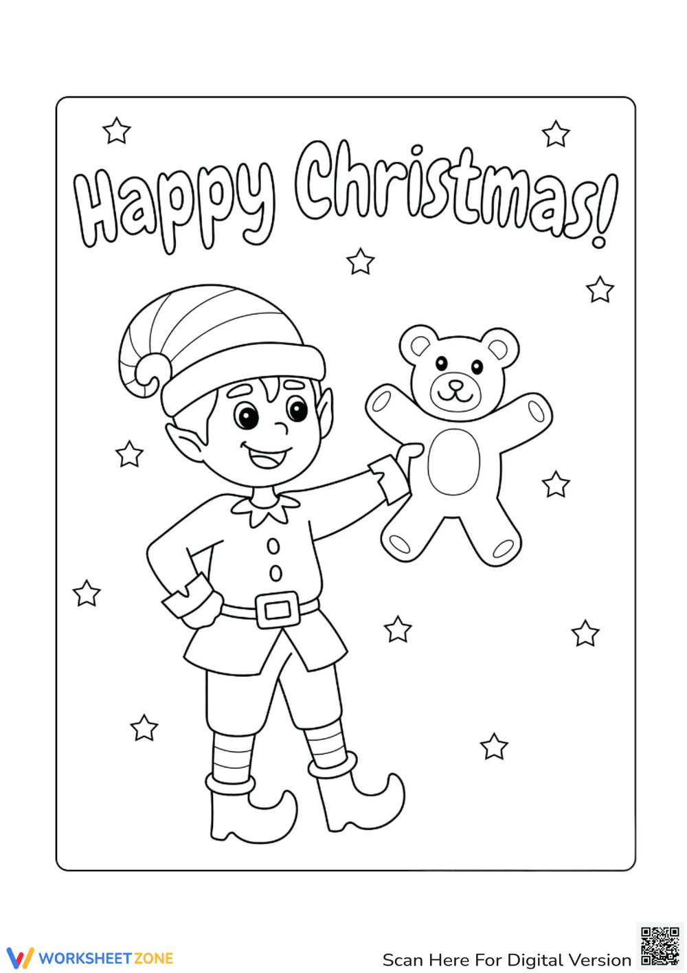 Elf with Teddy Bear Coloring Sheet - Page 1