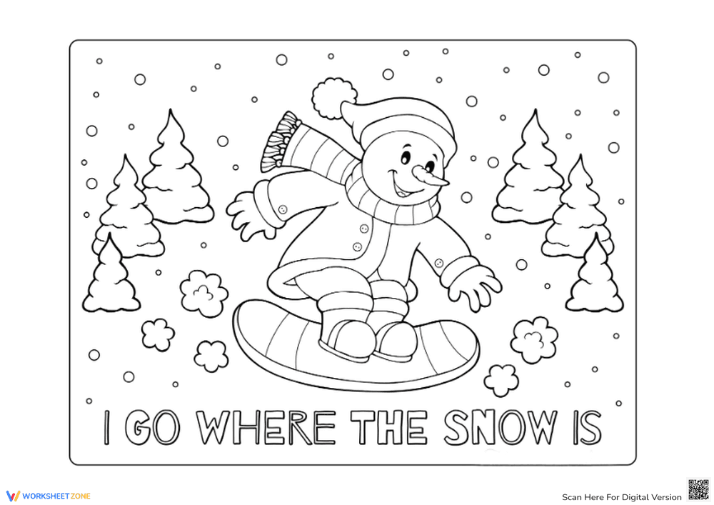Snowman Snowboarding Coloring Page - Page 1