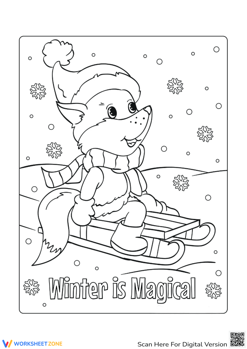 Sledding Fox Coloring Page | Grade 1-2 Printable - Page 1