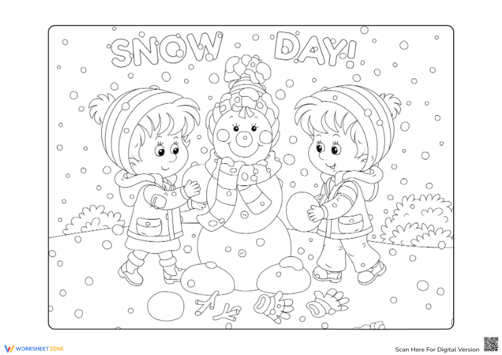 Winter Coloring Sheet: Building Snowman with Kids - Page 1