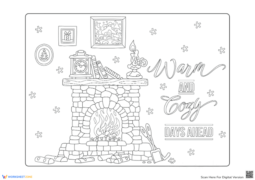 Warm Winter Fireplace Coloring Page - Cozy Holiday Fun! - Page 1