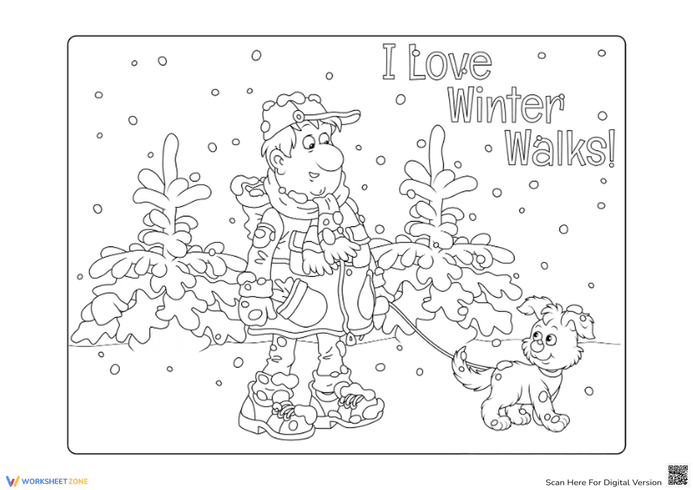 Winter Coloring Page: Boy and Dog - Page 1
