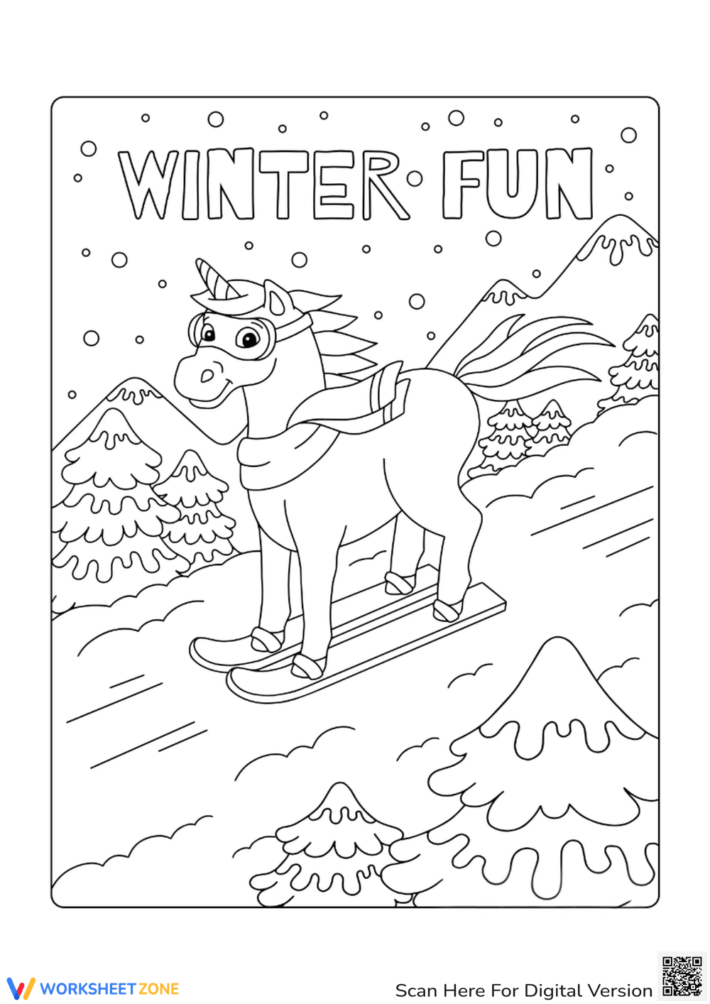 Printable Winter Unicorn Coloring Page | Grade 3-4 Art - Page 1