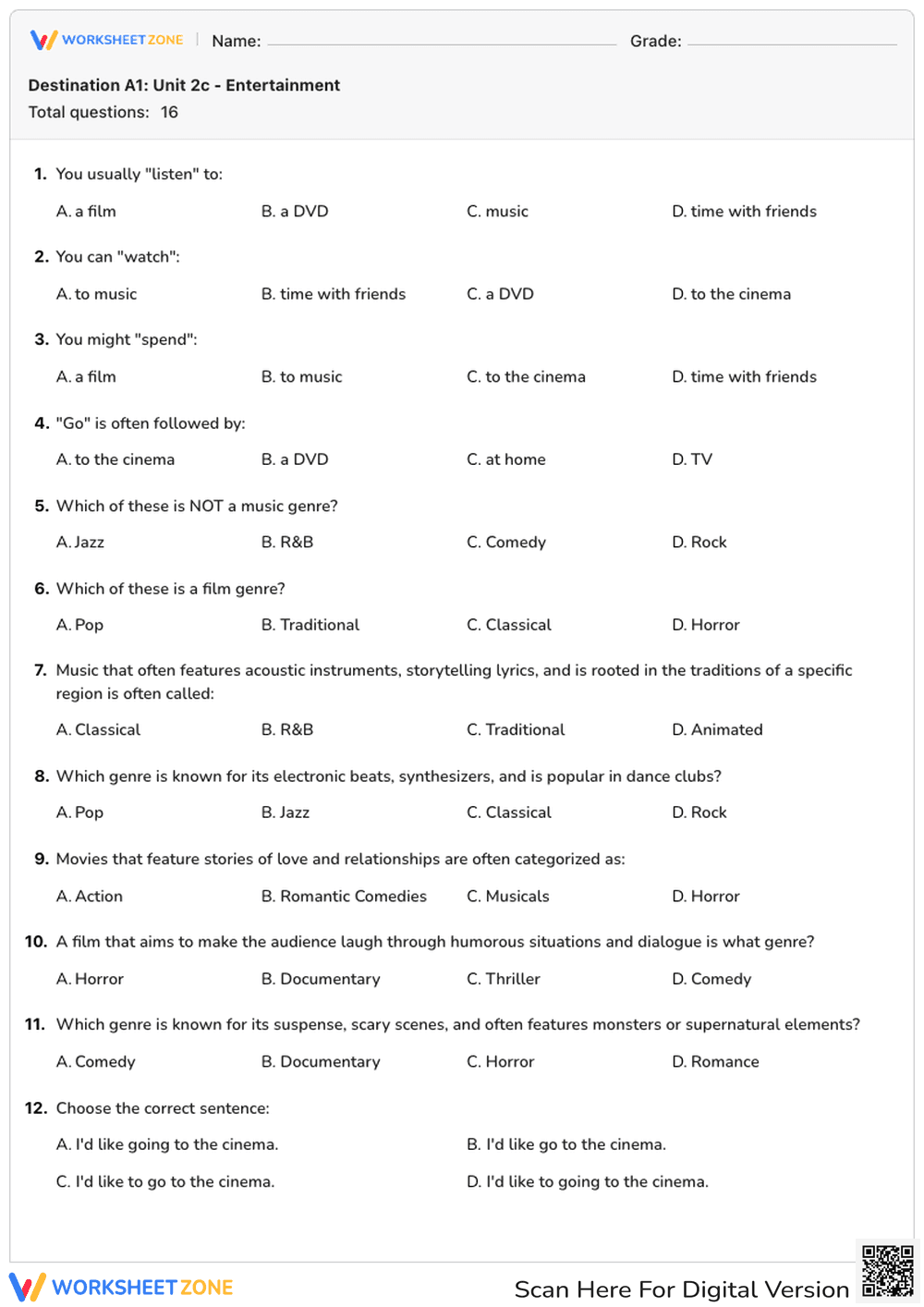 Entertainment Vocabulary Worksheet | Grade 4 Essential - Page 1