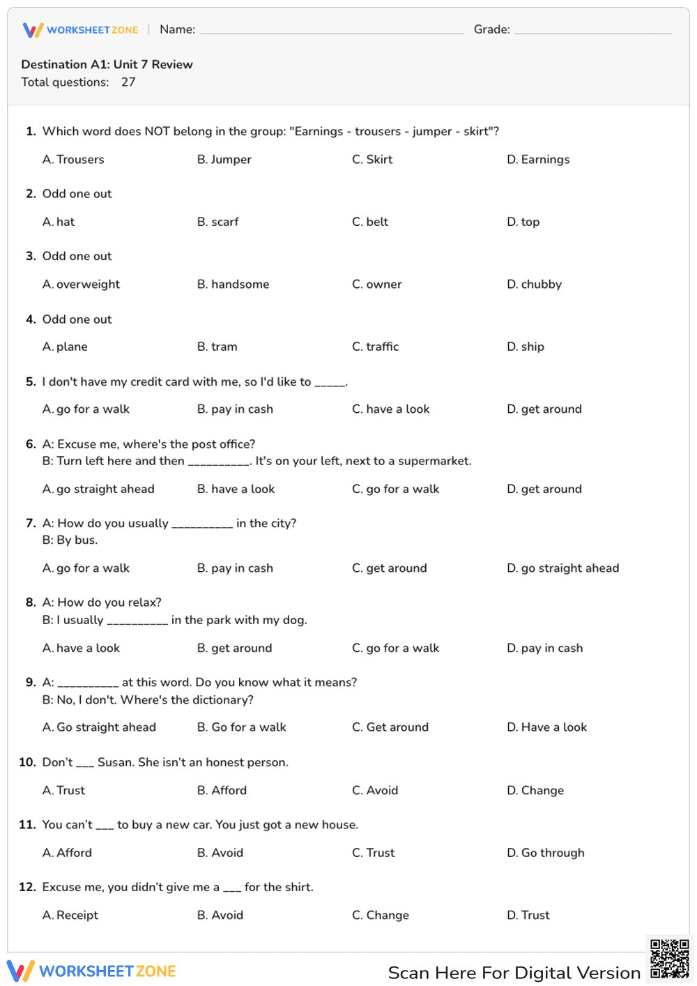 Destination A1: Unit 7 Review - Page 1