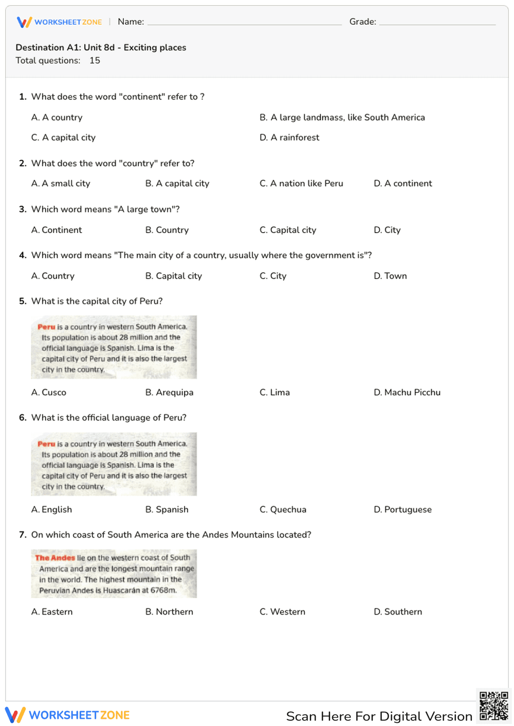 Grade 6 Exciting Places Printable Worksheet | Essential ELA - Page 1