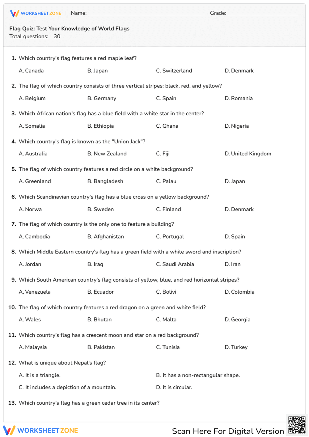 World Flags Quiz Worksheet | Essential Geography Grade 5-12 - Page 1