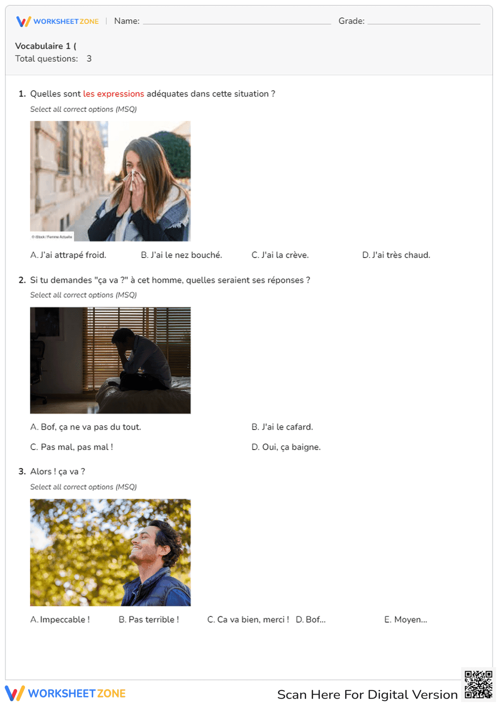 French Feelings Worksheet | Essential Grade 1-2 Ready - Page 1