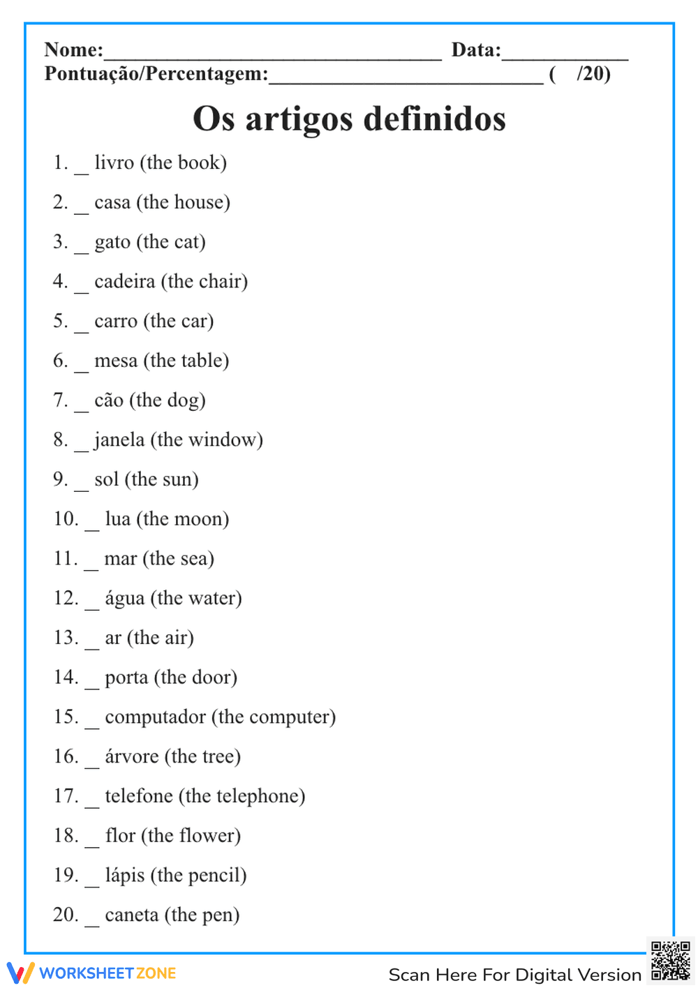 Grade 1 Portuguese Articles — Printable No-Prep Worksheet - Page 1