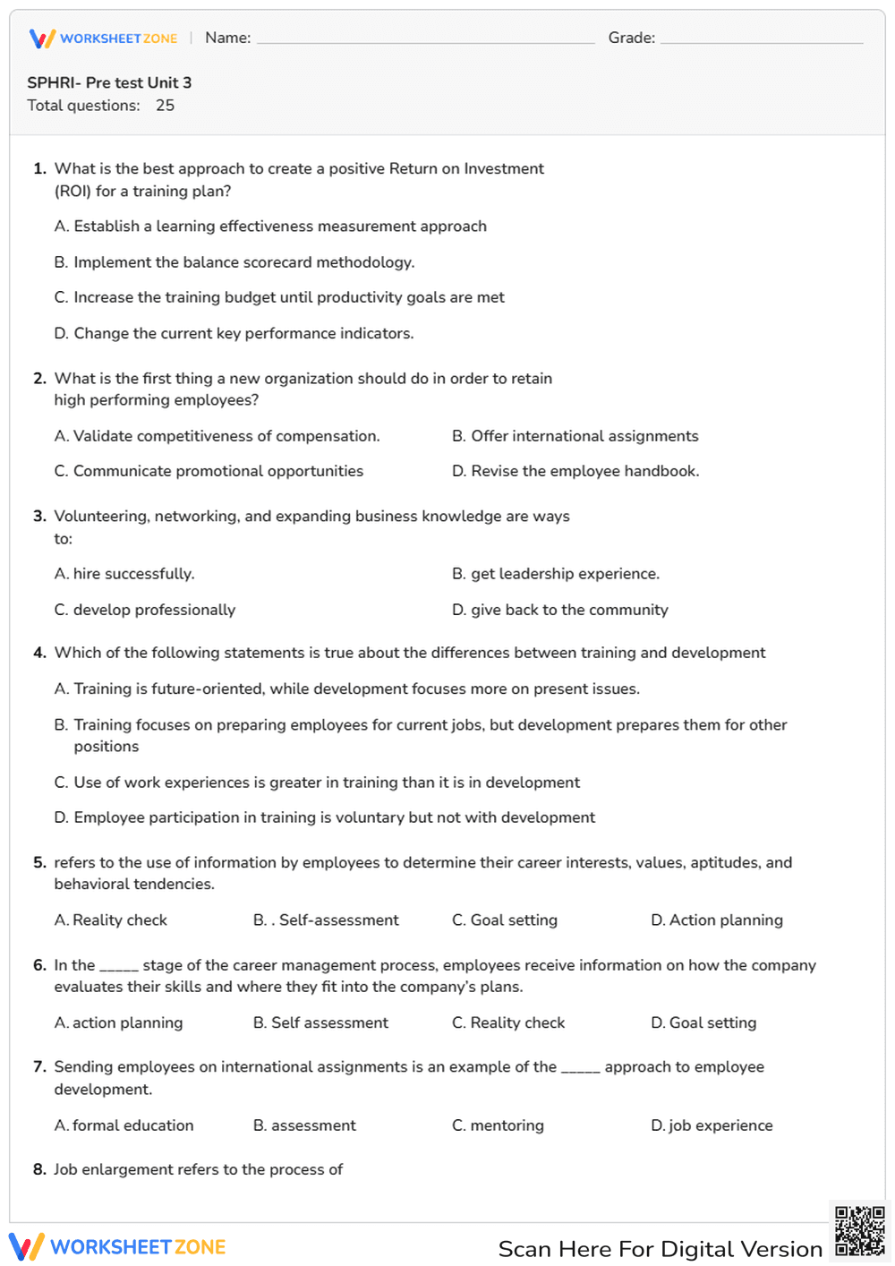 SPHRI Unit 3 Worksheet: HR Development — Essential Prep - Page 1