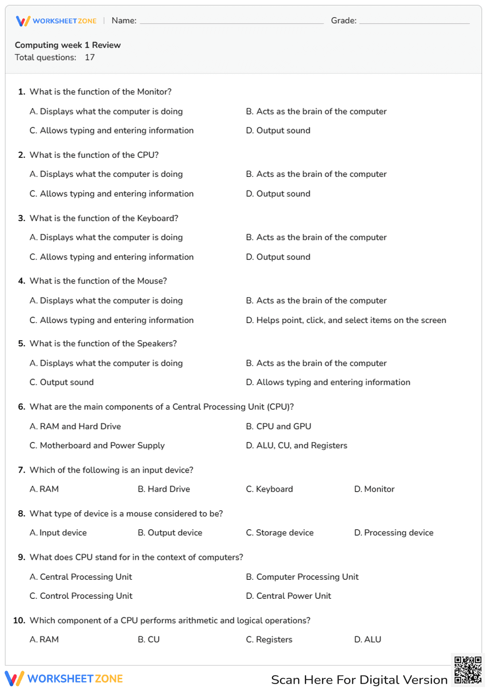 Grade 5 Computing Review: Essential Hardware Worksheet - Page 1