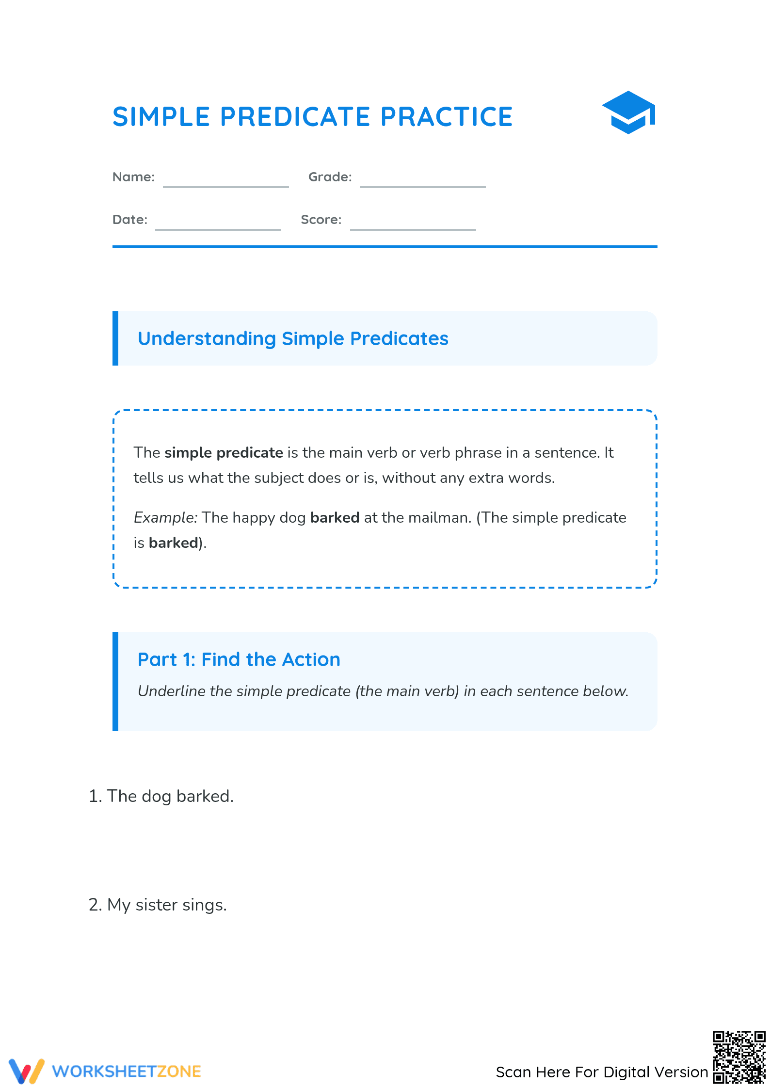 Printable Simple Predicate Worksheet | Grade 3 ELA - Page 1