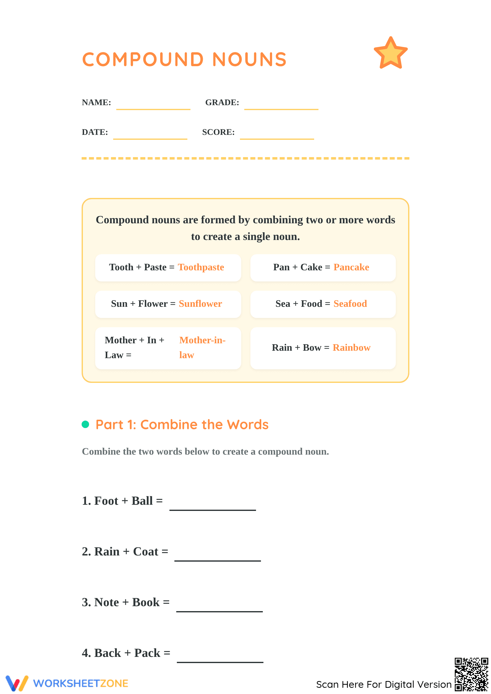 Essential Compound Nouns Worksheet | Grade 2-3 ELA - Page 1