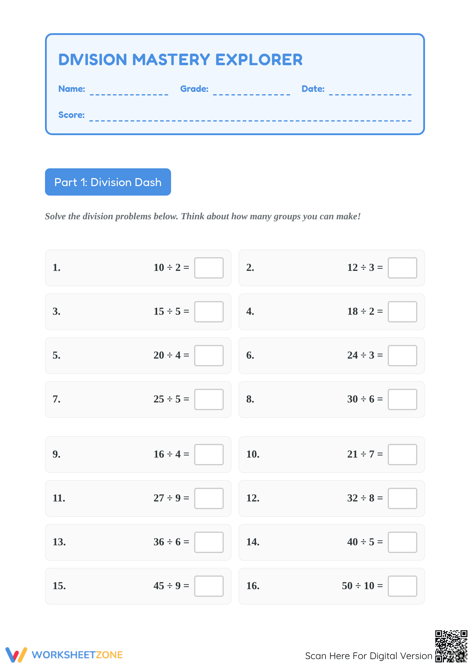 Basic Division Worksheet | Grade 3 Math Printable - Page 1