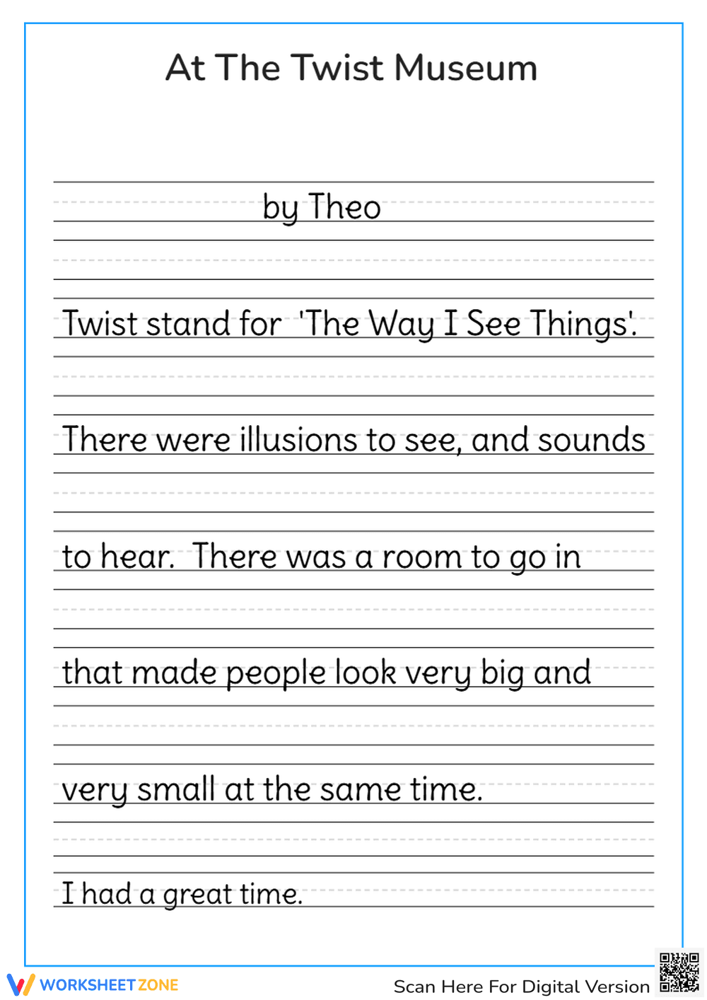 Printable Handwriting Practice: At The Twist Museum - Page 1