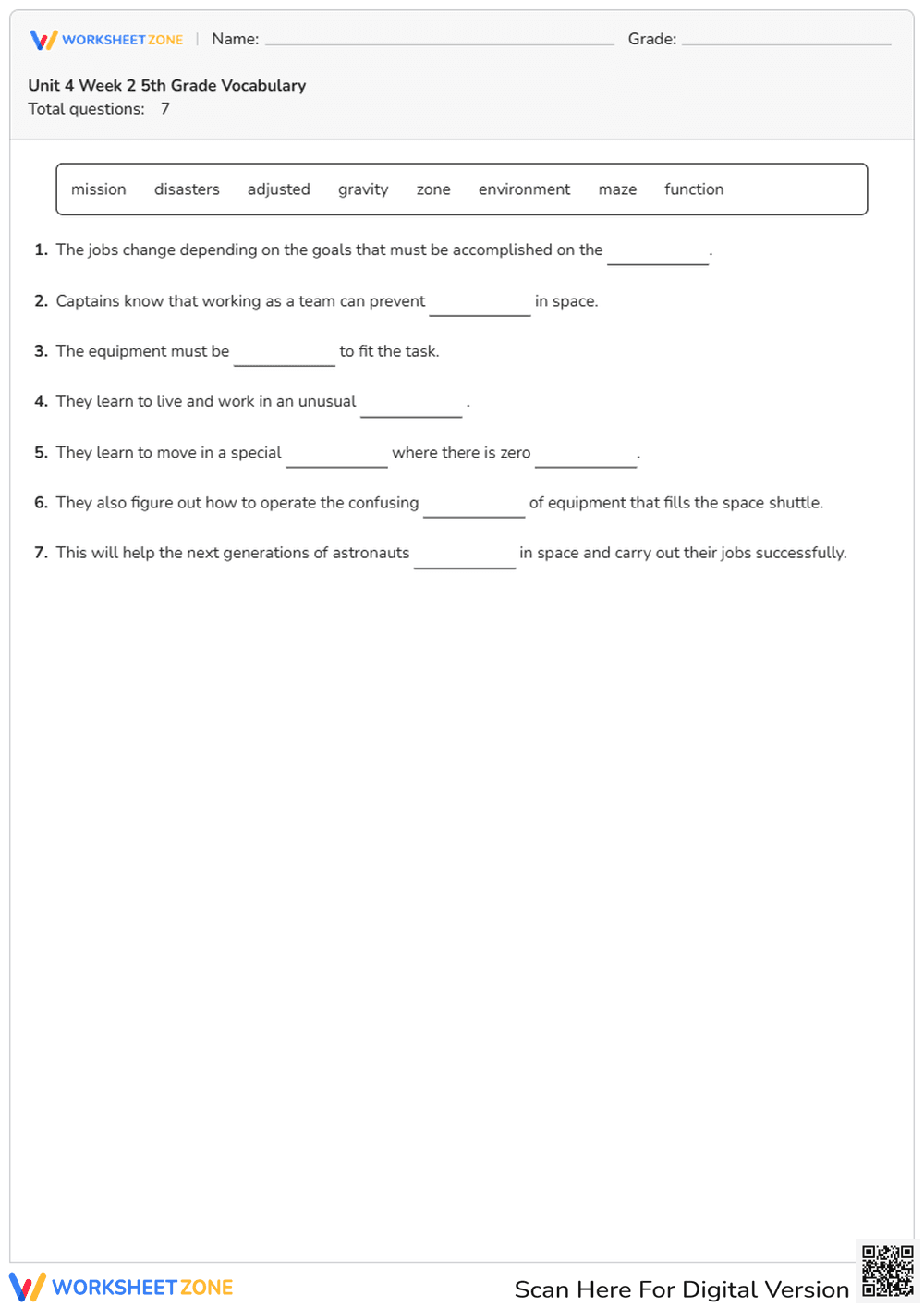 Essential Grade 5 Science Vocabulary: Space & Gravity - Page 1