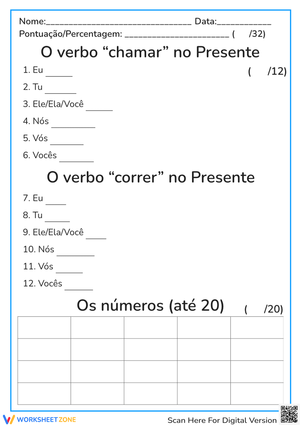 Portuguese Verb & Number Worksheet | Grade 1 Essential - Page 1