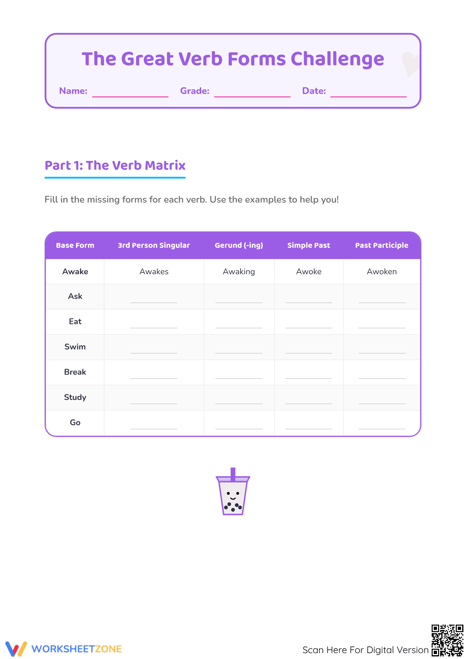 Essential Verb Forms Worksheet | Grade 4 Grammar - Page 1