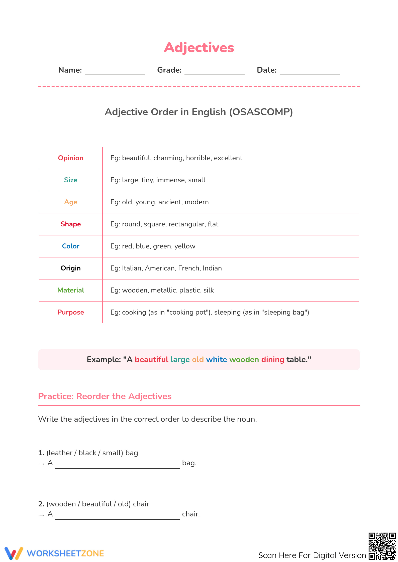 Adjective Order Worksheet | Grade 4 ELA Printable - Page 1