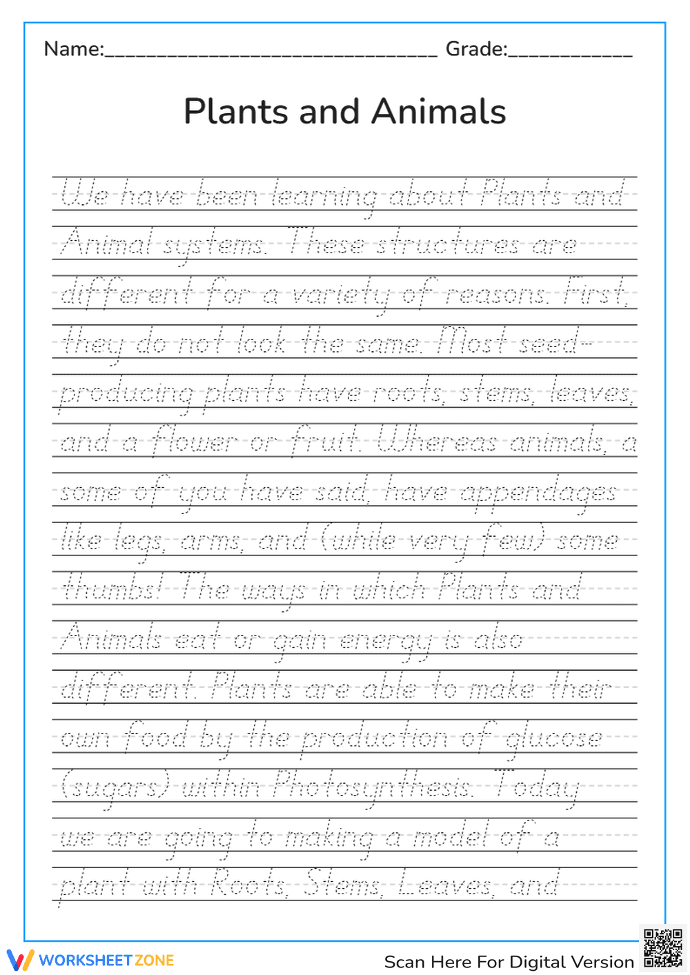 Grade 4 Plants and Animals — Printable Handwriting Worksheet - Page 1