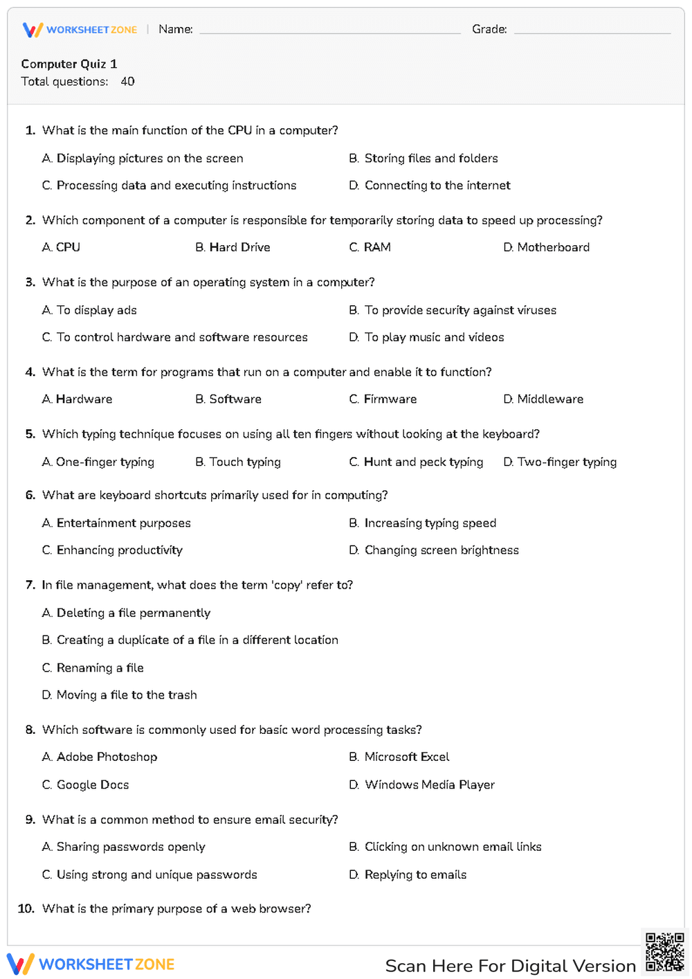 Computer Quiz 1: Essential Digital Literacy — Grade 3-5 - Page 1