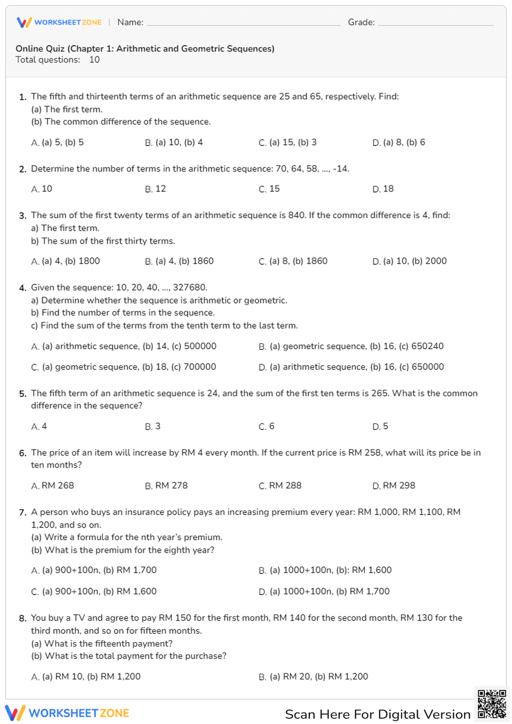 Arithmetic and Geometric Sequences Quiz | Essential Math - Page 1