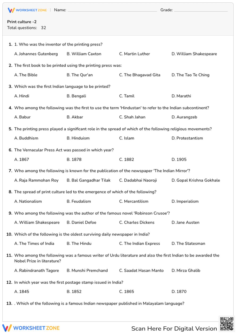 Print Culture History Worksheet | Grade 10 Essential - Page 1