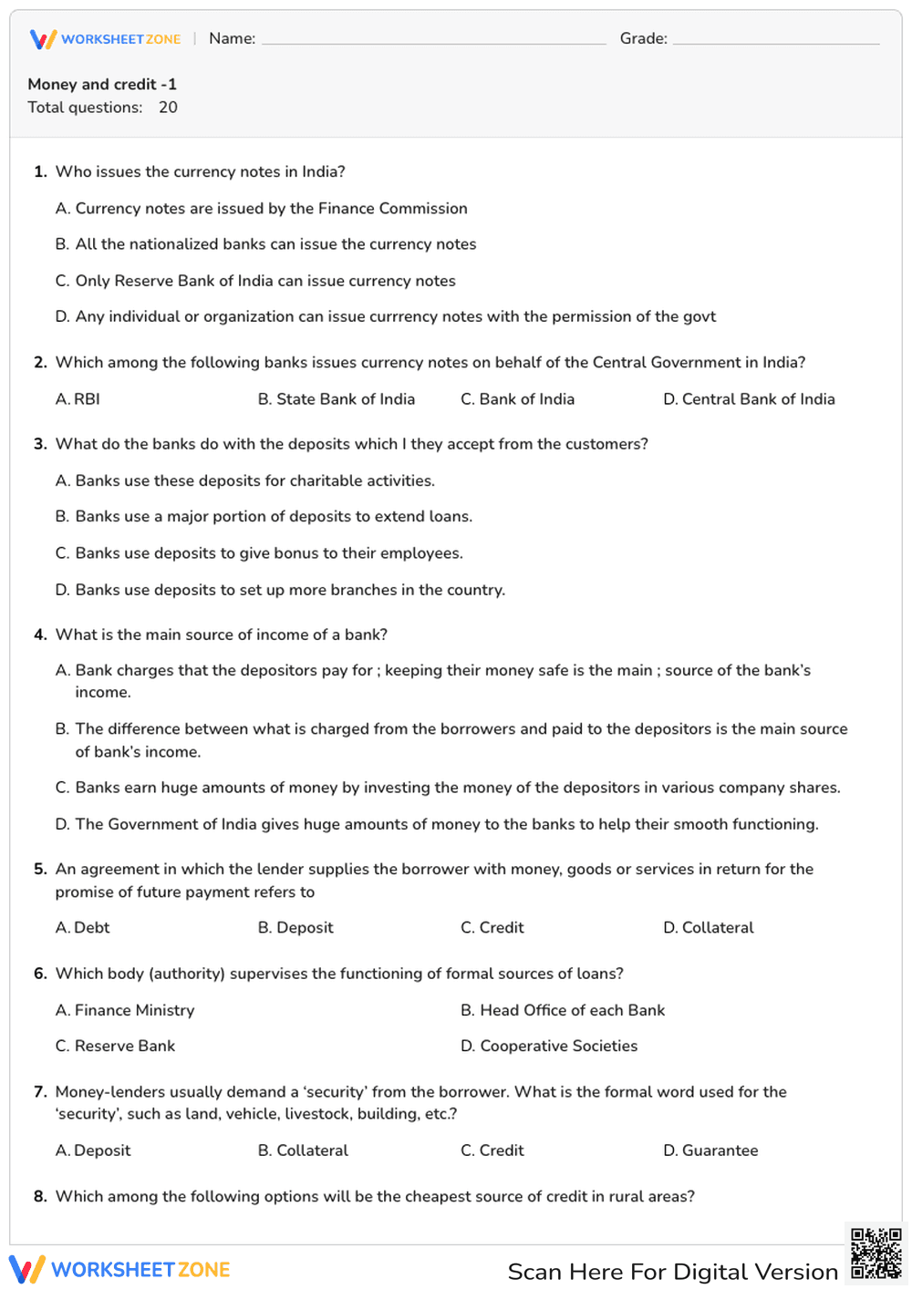 Grade 10 Money and Credit Essential Quiz Worksheet - Page 1