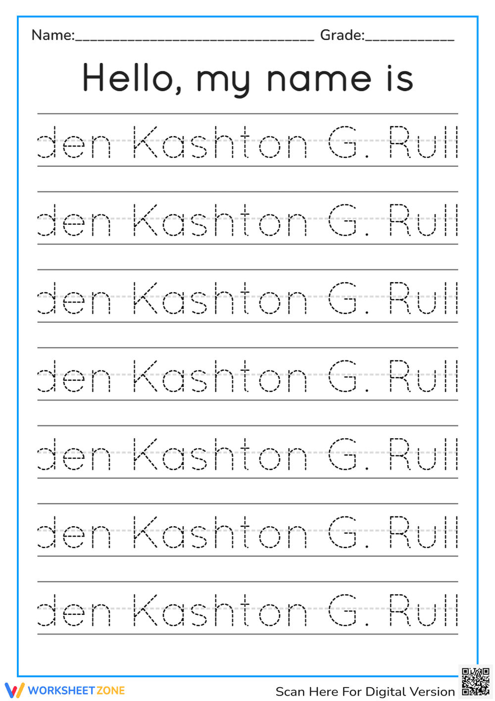 Den Kashton G. Rull Name Tracing Worksheet - Page 1