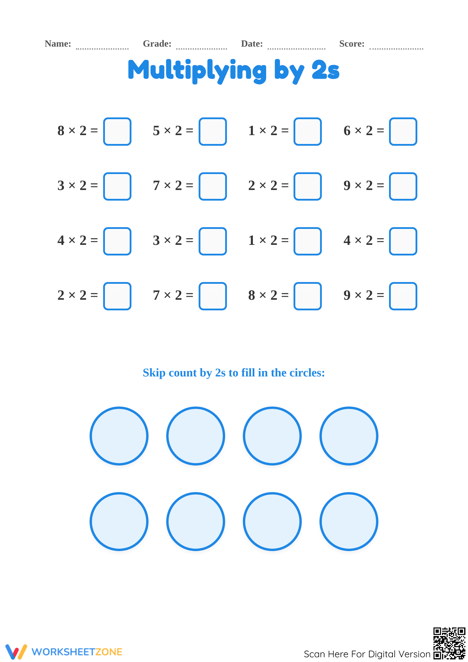 Grade 3 Multiplying by 2s — Printable No-Prep Worksheet - Page 1
