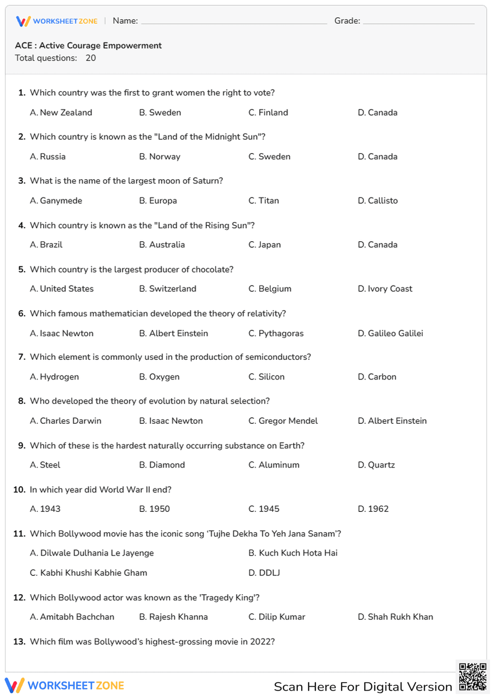 ACE General Knowledge Quiz | Essential College Worksheet - Page 1