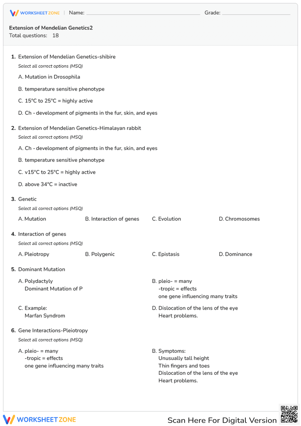 Essential Extension of Mendelian Genetics Worksheet - Page 1