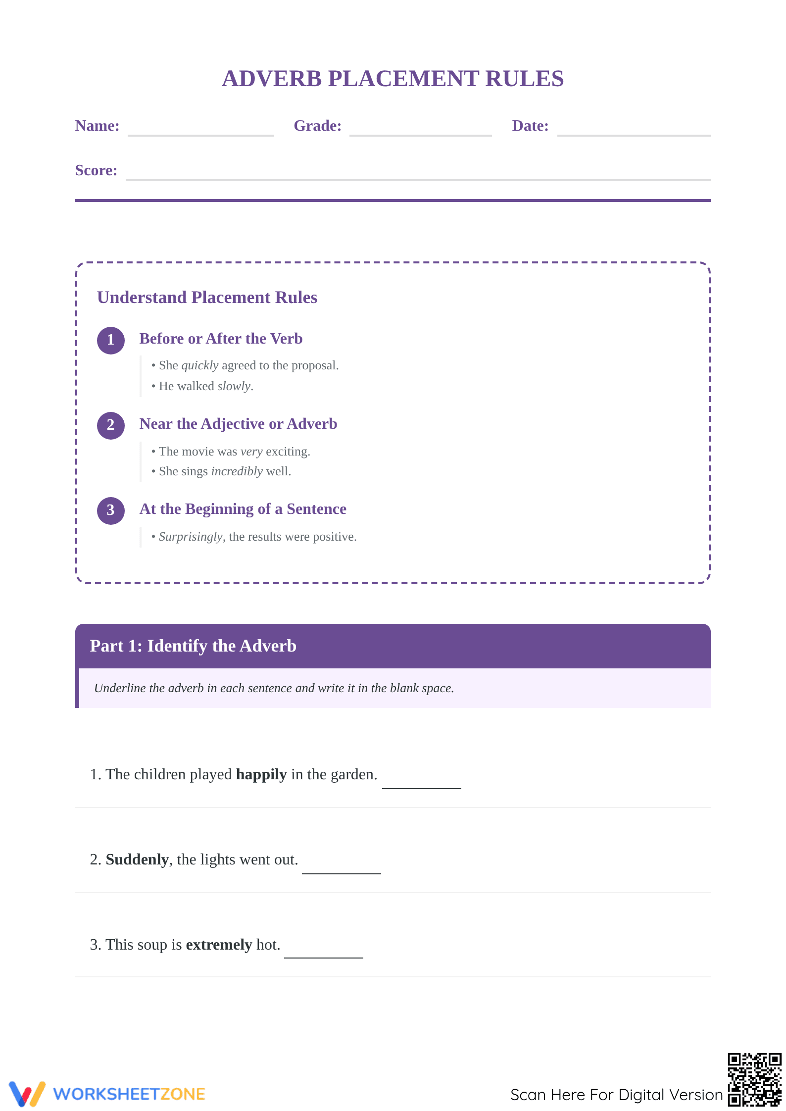 Adverb Placement Rules Printable Worksheet | Grade 4 ELA - Page 1