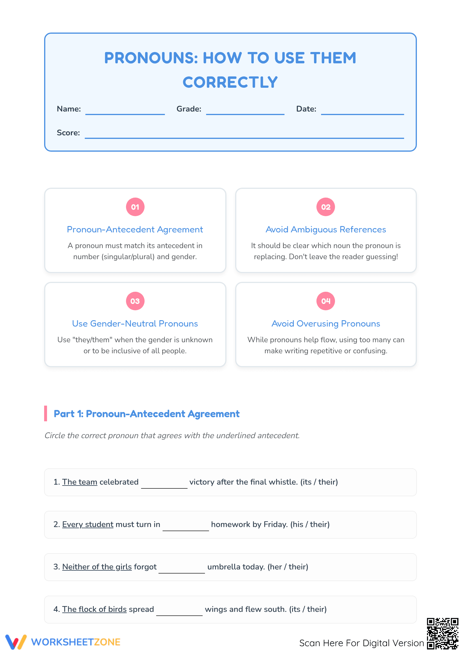Printable Pronoun Usage Worksheet | Grade 5 ELA - Page 1