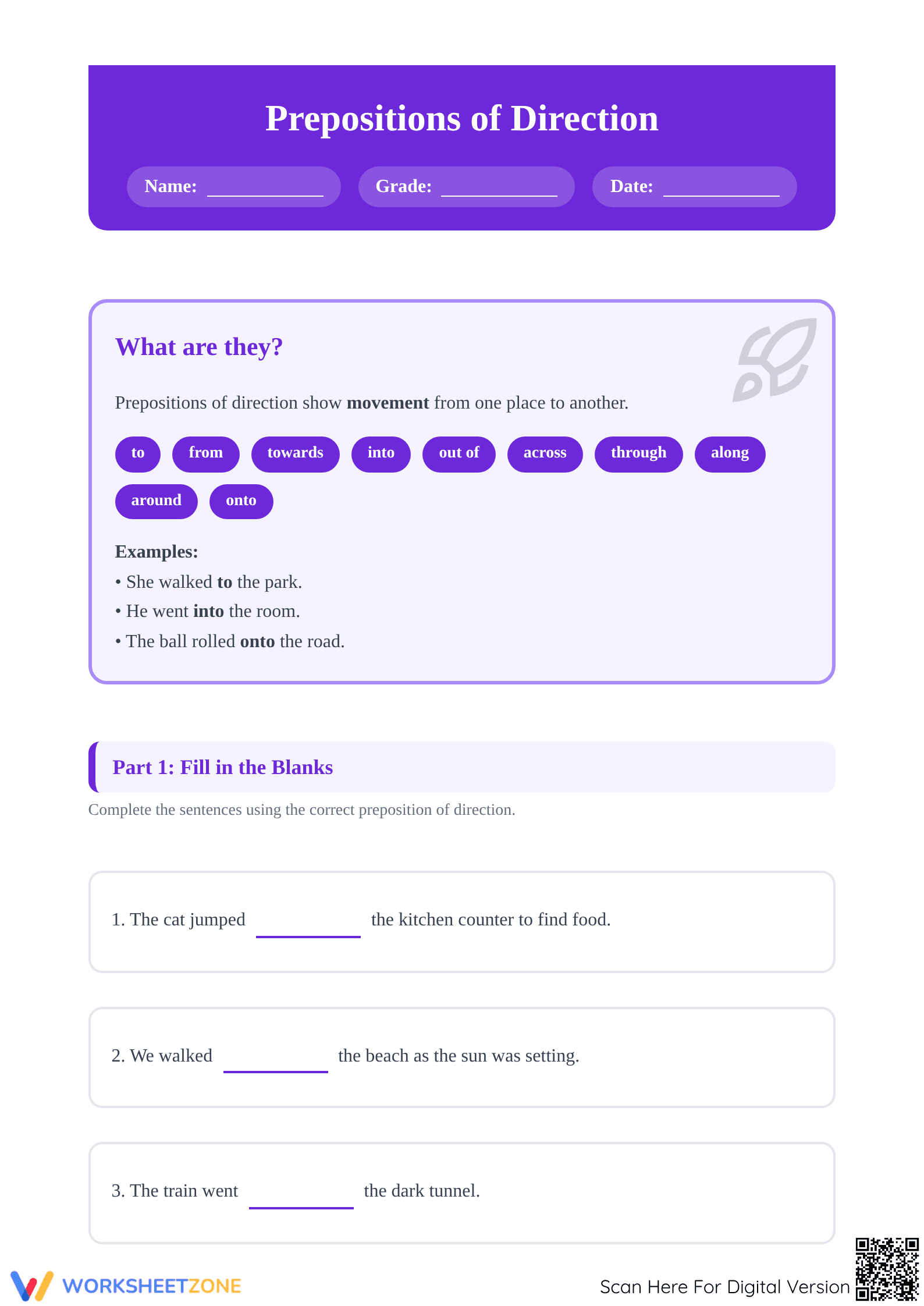 Prepositions of Direction Worksheet | Grade 4 Essential - Page 1