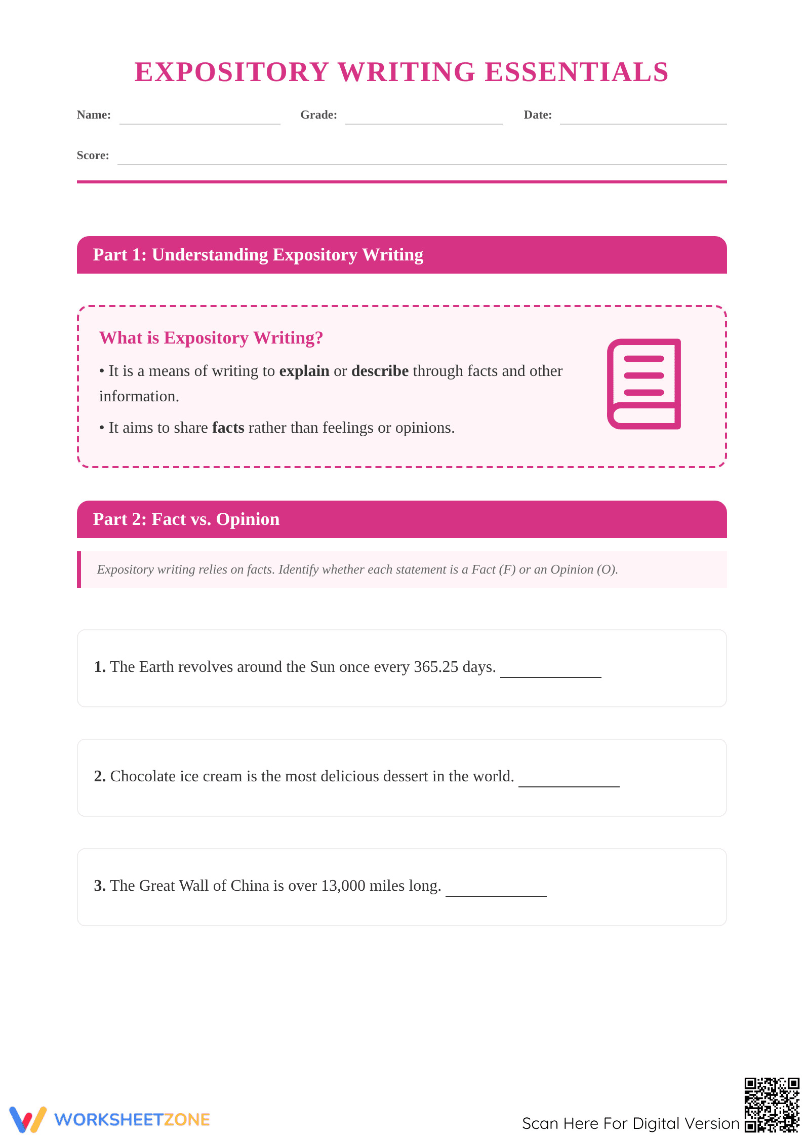 Printable Expository Writing Worksheet | Grade 6 ELA - Page 1