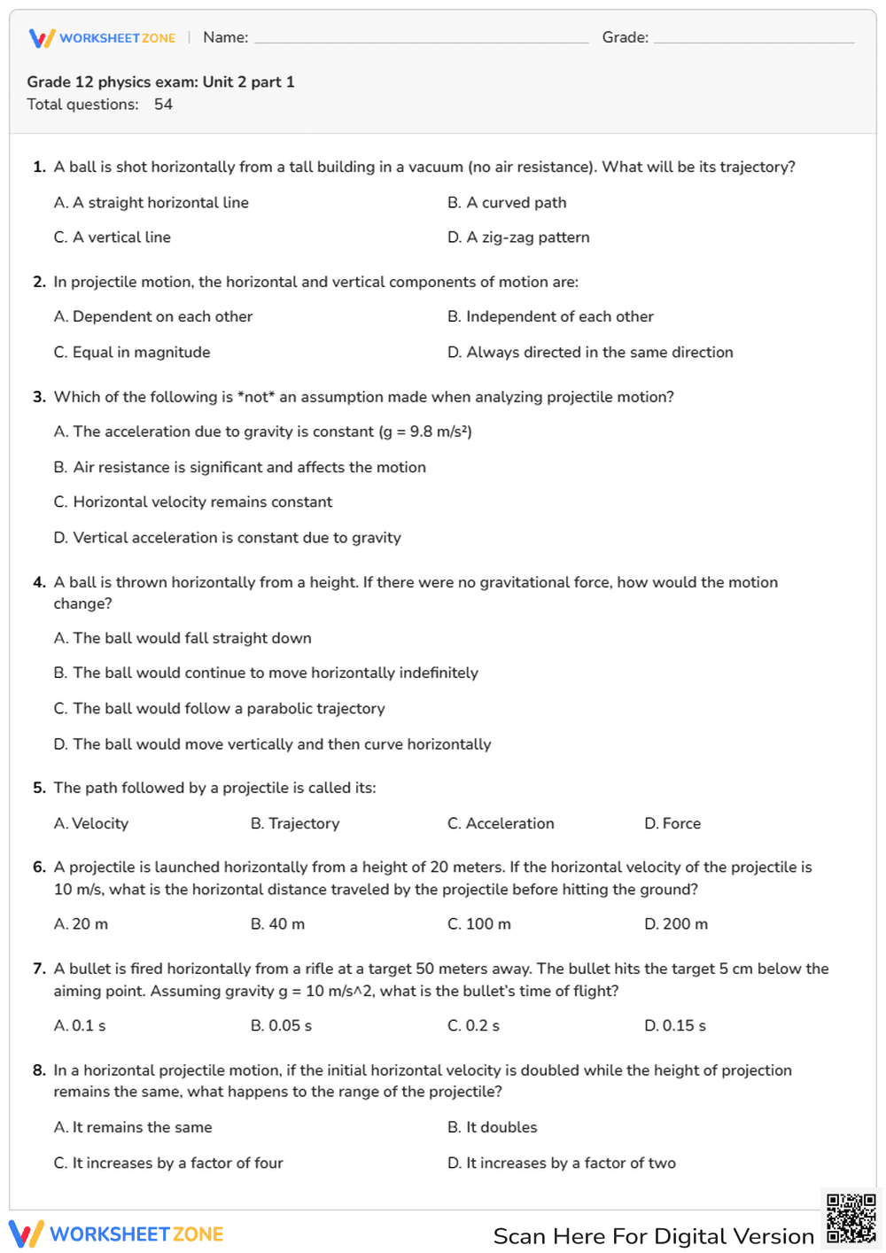 HS-PS2-1 Worksheet: Projectile Motion — Grade 12 Aligned - Page 1