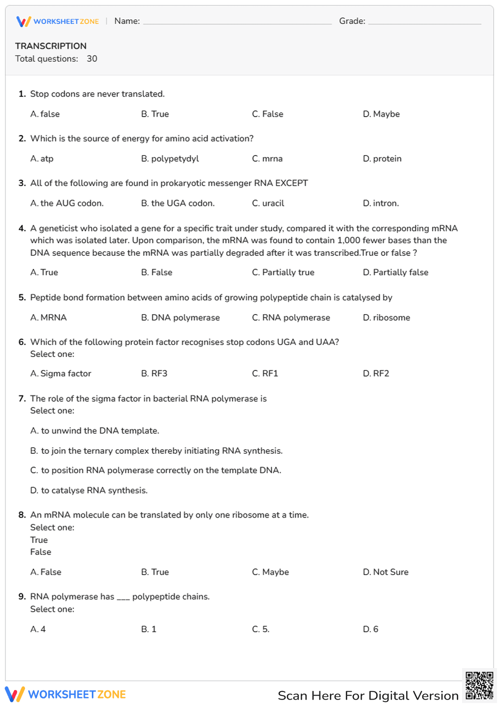 Transcription & Translation Quiz | Essential College Biology - Page 1