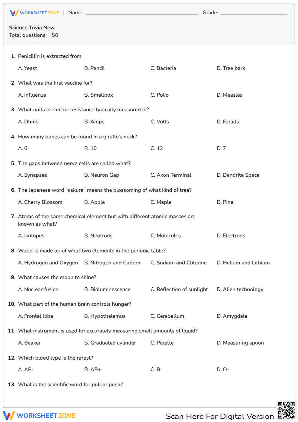 Essential Science Trivia Worksheet | Grades 9-12 - Page 1