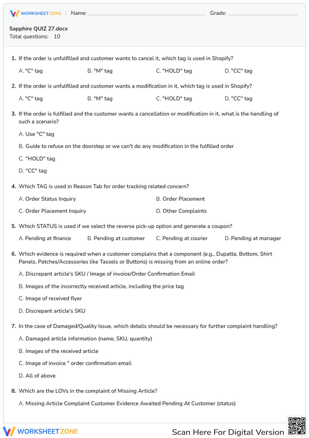 Shopify Order Management Quiz | Grade 12 Essential - Page 1