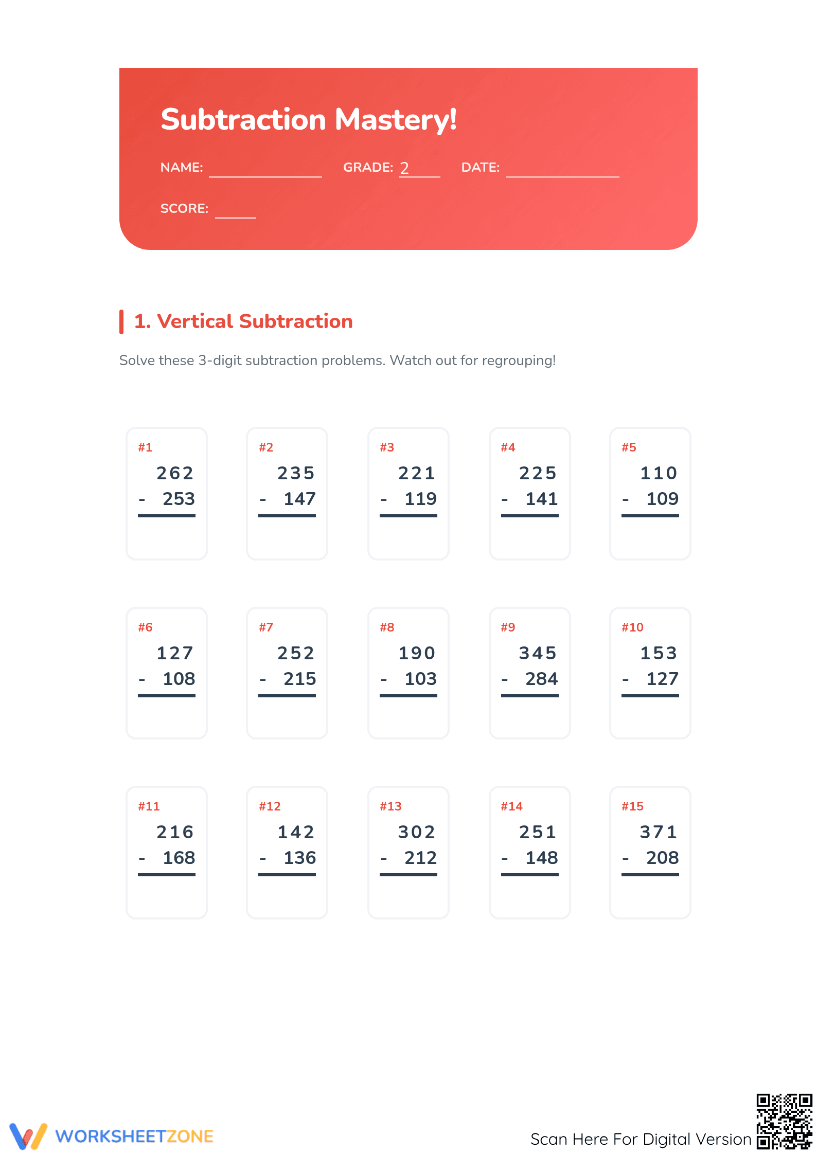 3-Digit Subtraction Worksheet | Grade 2 Math Printable - Page 1