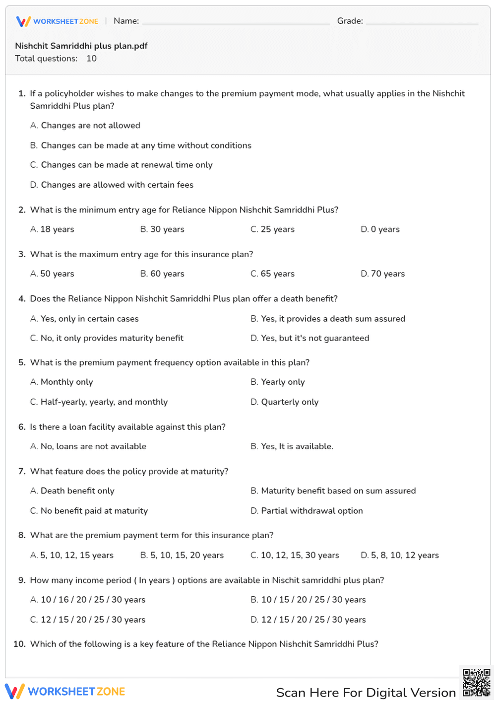 Grade 12 Insurance Literacy — Essential Printable Quiz - Page 1