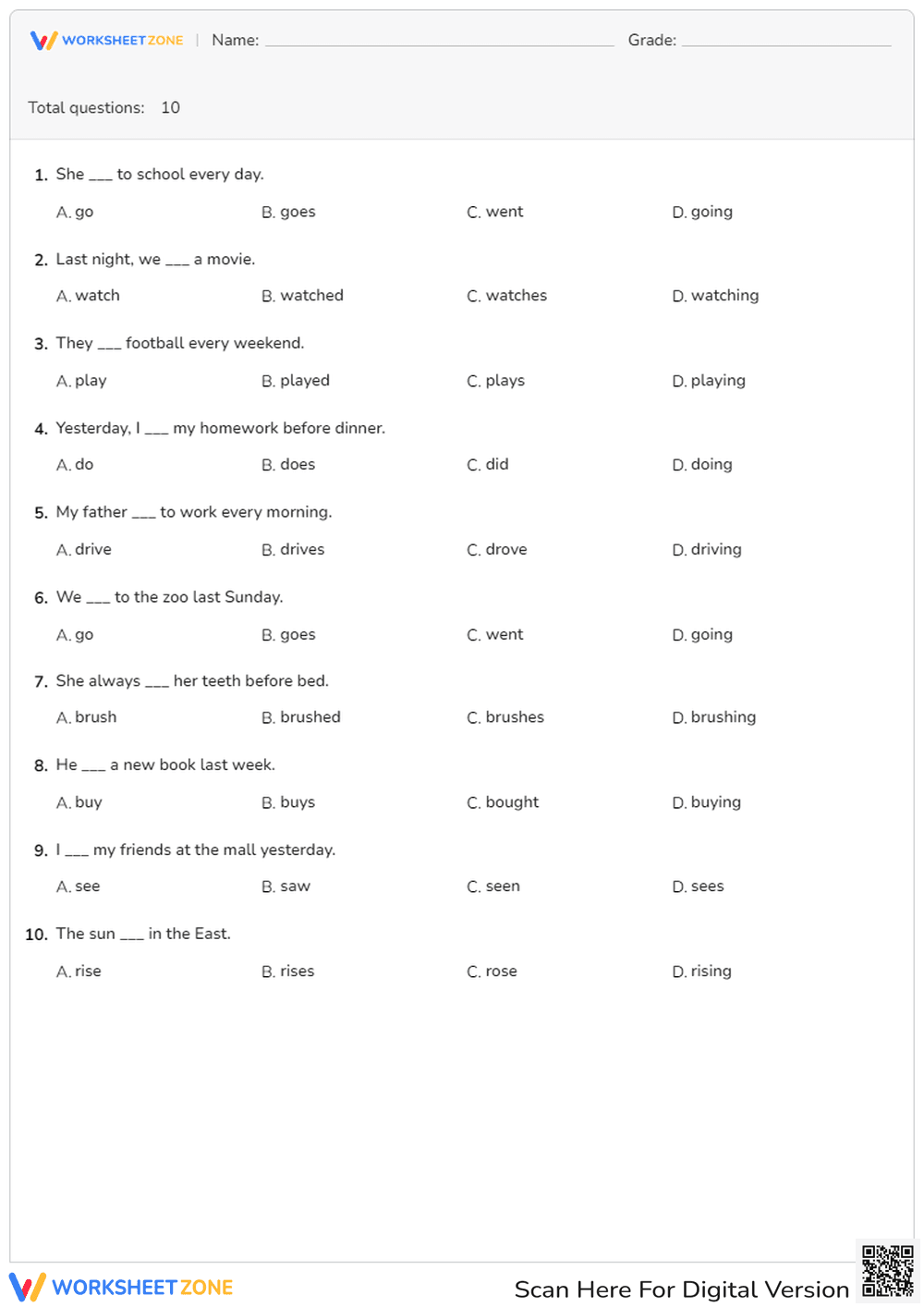Simple Present & Past Tense Quiz | Grade 11 Essential - Page 1